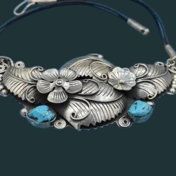 Vintage Handcrafted Sterling Silver Turquoise CII Mexico 925 Necklace - Picture 3 of 6